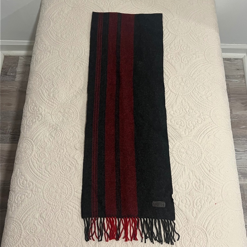 Coach Scarf 100% Wool Knit Red Black Striped Preppy‎ Fringe Logo Patch *FLAW